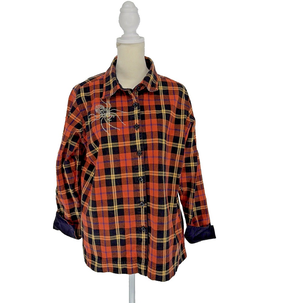 Krazy Kat Women's L Orange Black Tartan Plaid Rhinestone Spider Button Up Shirt